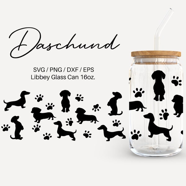 Daschund Glass can | 16 oz Libbey Glass can | Glass can cup wrap | Svg Files for Cricut & Silhouette Cameo | Glassware svg