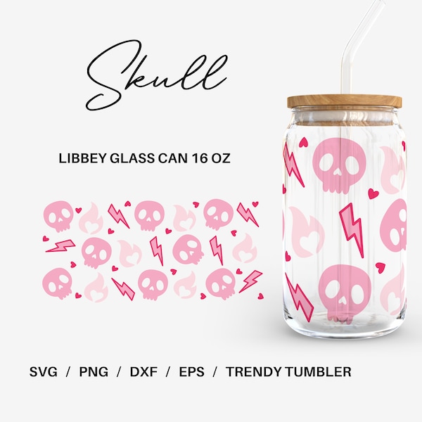 Pink Skull Glass can | 16 oz Libbey Glass can | Glass can cup wrap | Svg Files for Cricut & Silhouette Cameo | Glassware svg