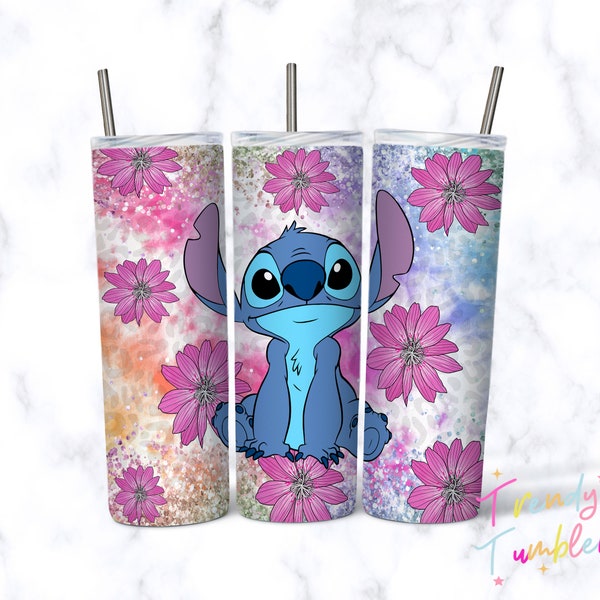 Stitch Flower tie dye leopard 20oz tumbler sublimation design, Stitch tumbler PNG, 20 oz Skinny Tumbler Wrap Design, Sublimation