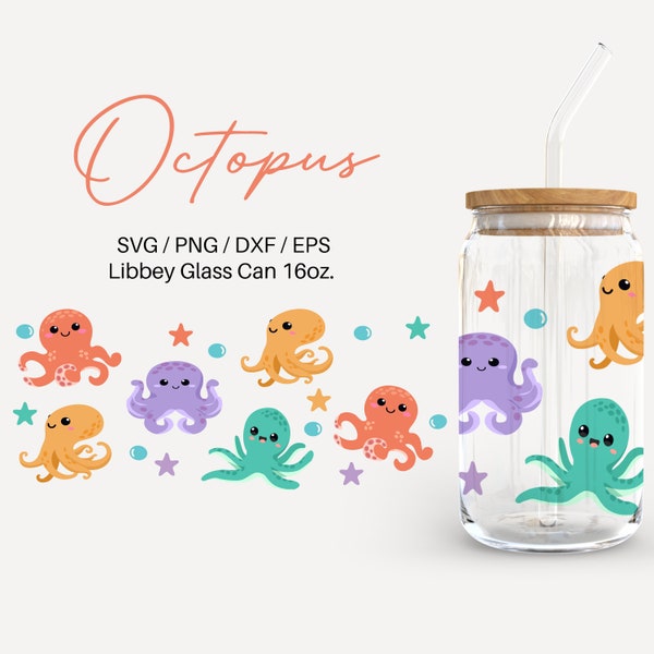 Octopus - 16oz Glass Can svg, Libbey Glass Can Wrap, svg Files for Cricut & Silhouette Cameo, Glassware svg