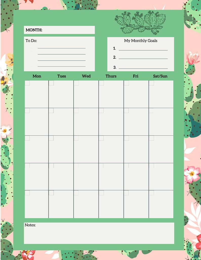 Printable Monthly Weekly Daily Planner With Note Page Etsy