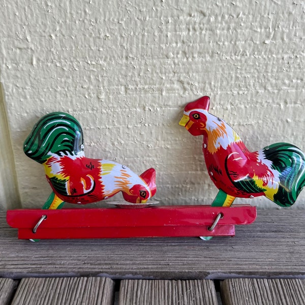 Roosters Feeding  Tin Toy Squeeze Toy Works VINTAGE