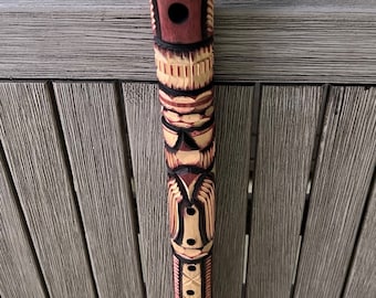 Hand Carved and Painted Primitive Wooden Flute Recorder Instrument With Totem Type Design