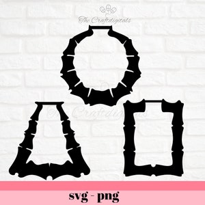 May include: Three black silhouette frames with a decorative bamboo design. The frames are in different shapes: a circle, a triangle, and a rectangle.