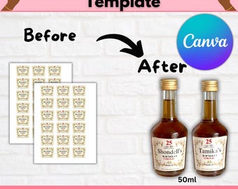 カスタムコニャックラベルCanvaテンプレート、ミニリキュールボトルラベル、編集可能なパーティーギフト、ビジネスブランディング、すぐにダウンロード