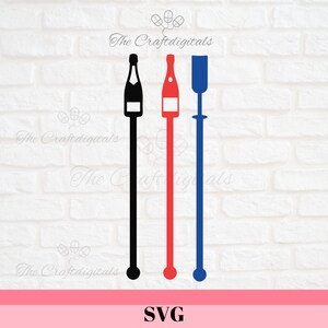 May include: Three black, red, and blue bottle stoppers with a champagne bottle design. The stoppers are long and thin with a round bulb at the bottom.