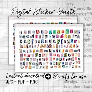 Hoja digital A4 de pegatinas del alfabeto: letras recortadas de periódicos de colores | para scrapbooking y diario