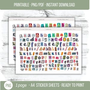 Puede incluir: Una hoja de pegatinas digitales con una colección de letras del alfabeto multicolores recortadas al estilo de carta de rescate, en varias fuentes y tamaños. El texto Printable Sticker Sheet es visible en la hoja de pegatinas.