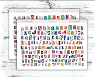 May include: A digital sticker sheet featuring a collection of multicolored, ransom-style cut-out letters of the alphabet in various fonts and sizes. The letters are arranged in rows on a white background, with the text Printable Sticker Sheet visible.