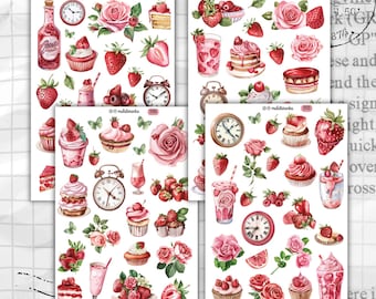 Foglio di adesivi alla fragola, dolci alla fragola, dessert dolci, diario di frutta, adesivi alla fragola per planner bulletjournal