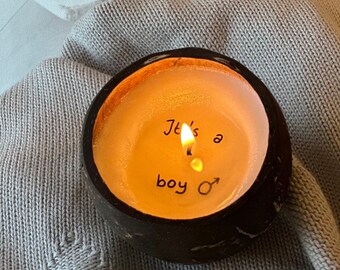 Personalized candle gender reveal ideas. secret message candle in coconut shell. Custom valentines candle. Motherday gift idea