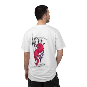 May include: White t-shirt with a red and purple graphic of a stylized animal and the word "DESIGNS" in a script font. The shirt also features the word "NOT" in a gothic font.