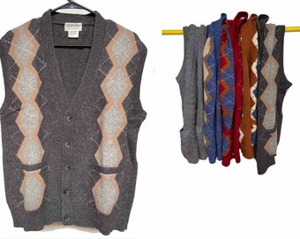 90' Men Women Unisex Wool Knit Sleeveless Cardigan Casual Button Open Sweater  V-neck Vest Jacket, Size M, L, XL