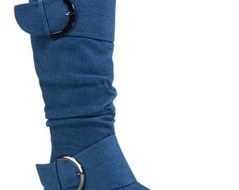 Women's Multi Color Wide-Calf Mid-Calf High Flat Heel Slouch Buckle Zip Up Boots Shoes