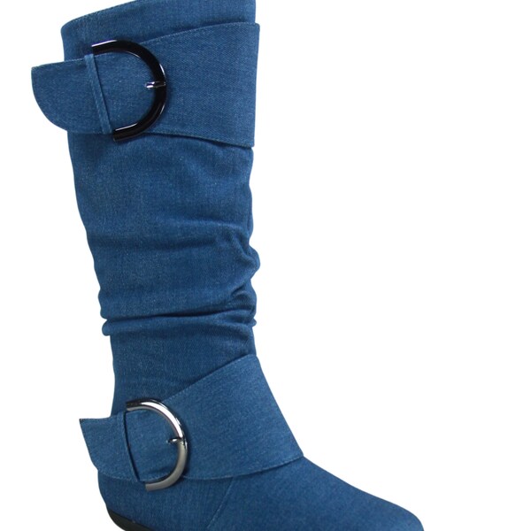 Women's Multi Color Wide-Calf Mid-Calf High Flat Heel Slouch Buckle Zip Up Boots Shoes