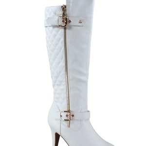 Women's Quilted Fashion High Heel Knee High Boots With Gold Zipper Buckle On Side