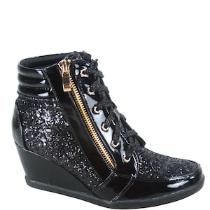 Women's Ladies Sparkly Glitter Wedge Lace Up High Top Sneaker Booties Shoes