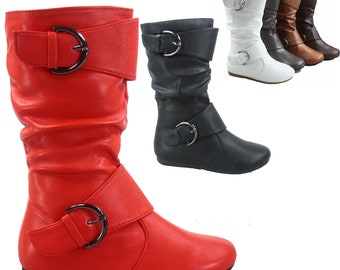 Youth Kid's Faux Leather Causal Round Toe Flat Zip Buckle Side Zipper Slouch Boots Shoes