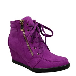 Women's Ladies Multi Color Wedge Lace Up High Top Sneaker Booties Shoes