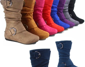 Youth Kid's Cute Side Zipper Buckle Flat Heel Mid Calf Slouchy Boot Shoes