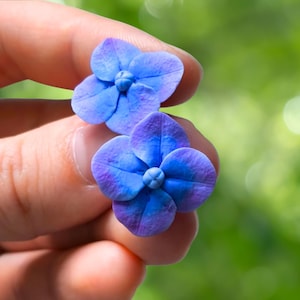 Blue Purple Hydrangea Stud Earrings – Handmade Polymer Clay Floral Jewelry, Botanical Gift for Flower Lovers