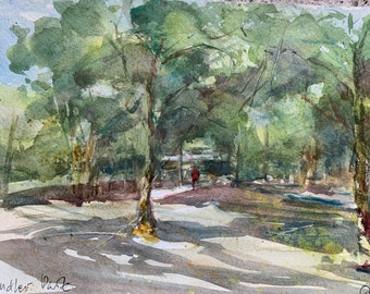 Morgen im Park Original Aquarellmalerei, ruhige Landschaftskunst