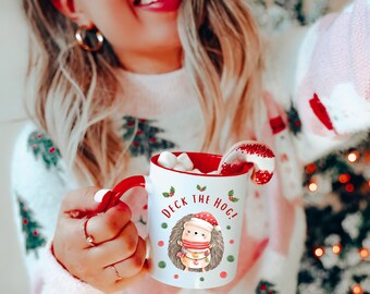 Deck The Hog | Hedgehog Christmas Mug Red and White, 11oz Ceramic Mug for the Holidays