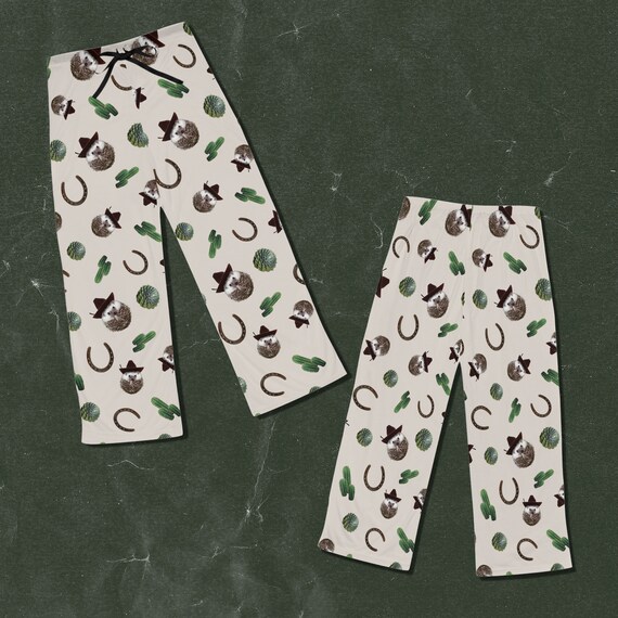Pantalones de pijama con diseno de cactus y herradura del salvaje oeste de Cowboy Hedgehog Etsy Espana