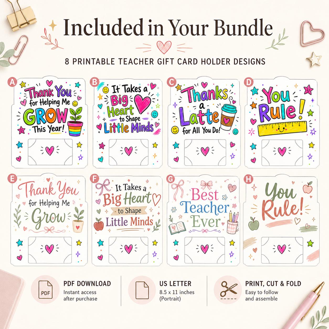 Teacher Gift Card Holder Printable Bundle, Teacher Appreciation Week ...