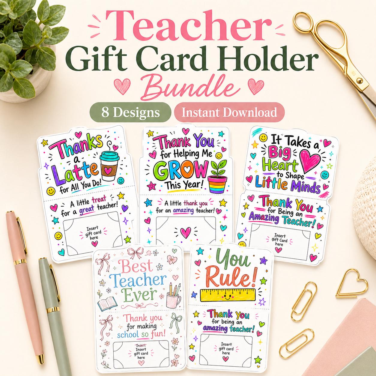 Teacher Gift Card Holder Printable Bundle, Teacher Appreciation Week ...