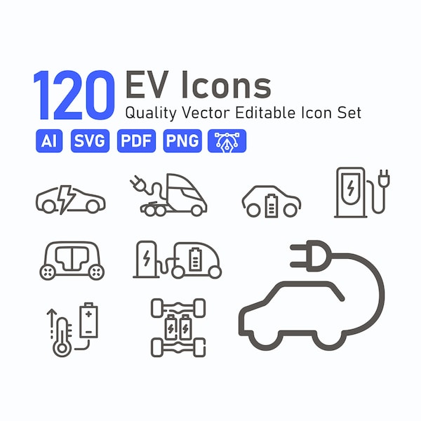 EV, Electric Cars Minimal Vector Icon Set - Ai Eps Png Svg - Easy For Use - Instant Downloads, png, svg, pdf, stroke, line