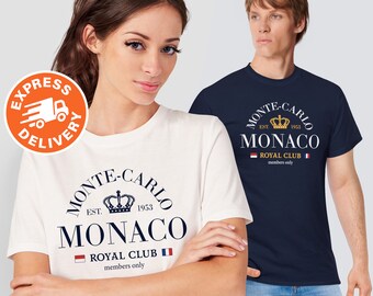 Monaco T-Shirt Monte-Carlo Royal Club Tee, Royal Crown Illustration, Souvenir Monaco Gift for Lovers of the French Riviera and Luxury Yachts