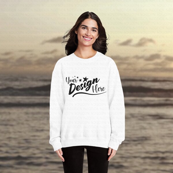 Gildan 18000 White sweatshirt video mockup Custom sweatshirt video template Placeit 2048p Product video mockup sweatshirt presentation