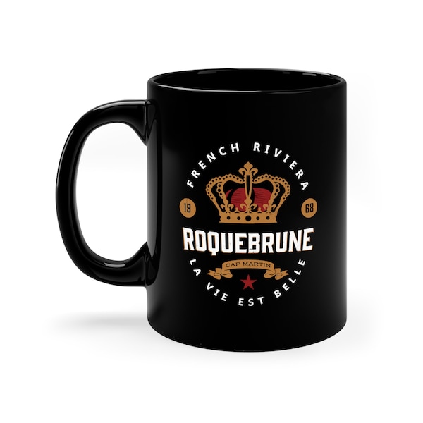 Roquebrune Mug Cap Martin City French Riviera royal crown souvenir gift south of France black ceramic cup 11oz / 325 ml