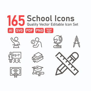 Paquetes de iconos escolares Establecer iconos vectoriales SVG Paquete escolar Iconos PNG Paquete de iconos educativos SVG Iconos universitarios Descarga AI