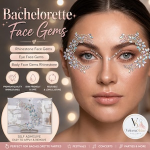 May include: A woman with face gems applied around her eyes. The image includes text that reads "Bachelorette Face Gems", "Rhinestone Face Gems", "Eye Face Gems", and "Body Face Gems Rhinestone". The gems are self-adhesive and reusable.