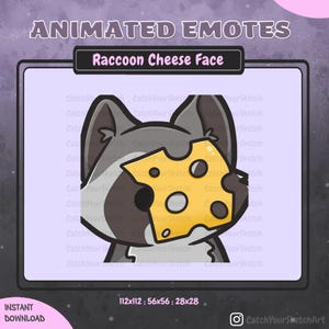 Pode incluir: Ilustração digital de um guaxinim segurando uma fatia de queijo amarelo. O texto "Raccoon Cheese Face" e "ANIMATED EMOTES" estão presentes. A imagem é rotulada como "INSTANT DOWNLOAD". Dimensões: 112x112, 56x56, 28x28 pixels.