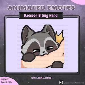 Può includere: Emoticon animata con un procione dei cartoni animati che morde una mano. Il procione è grigio e bianco con naso e occhi neri. La mano è di colore chiaro. Il testo include "ANIMATED EMOTES" e "Raccoon Biting Hand".