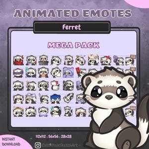 Puede incluir: Gráfico de arte digital con emotes de hurón animados. La imagen muestra un gran hurón de dibujos animados y una cuadrícula de emotes más pequeños con varias expresiones. El texto incluye "ANIMATED EMOTES", "Ferret" y "MEGA PACK".