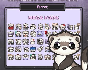 May include: A digital art graphic featuring a collection of animated ferret emotes. The image includes a large, cartoon ferret and a grid of smaller emotes with various expressions. Text includes "ANIMATED EMOTES," "Ferret," and "MEGA PACK."