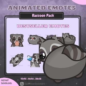 Könnte beinhalten: Digitalgrafik mit animierten Waschbär-Emotes. Das Bild enthält den Text "ANIMATED EMOTES", "Raccoon Pack" und "BESTSELLER EMOTES". Die Emotes sind in verschiedenen Posen dargestellt, darunter eines mit herausgestreckter Zunge und eines mit einer Wasserflasche. Die Bildabmessungen sind 112x112, 56x56 und 28x28.