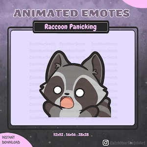May include: An animated emote of a cartoon raccoon with a panicked expression. The raccoon has grey and black fur, wide eyes, and an open mouth. Text at the top reads "ANIMATED EMOTES" and "Raccoon Panicking". The image includes size dimensions and "INSTANT DOWNLOAD".