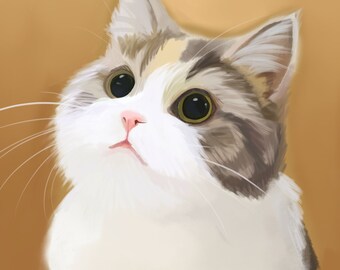 May include: A close-up portrait of a white cat with grey and brown markings. The cat has large, green eyes and is looking up at the camera.