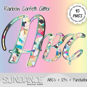 Rainbow Glitter PNG Letras descargables digitalmente PNG alfabeto fuente paquete sublimación DTF Diseño para camisa png uso comercial fuente cursiva