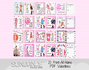 Eras Valentines Printable art set of 20 Taylor-Inspired Illustration Print at Home valentines day exchange cards for friend gift school card