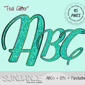 Teal Glitter PNG Buchstaben digital herunterladbare PNG Alphabet Schrift Bundle Sublimation DTF Designs für Shirt PNG kommerzielle Verwendung kursiver Schriftart