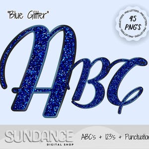 Blue Glitter PNG Letters digitally downloadable PNG alphabet font bundle sublimation DTF Designs for shirt png commercial use cursive font