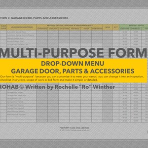 Garage Door, Parts & Accessories Construction Form Template With Drop-Down Menu
