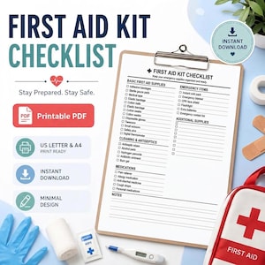 Puede incluir: Una lista de verificación imprimible para botiquín de primeros auxilios en un portapapeles con secciones para suministros básicos, artículos de emergencia, limpieza y medicamentos. Incluye una bolsa roja de primeros auxilios y suministros médicos.