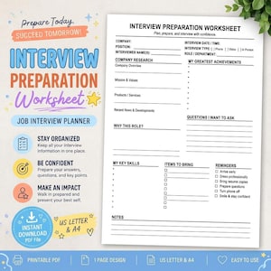 Può includere: Un foglio di lavoro per la preparazione ai colloqui stampato su carta bianca con testo nero. Il documento include sezioni per la ricerca aziendale, i risultati, le competenze chiave e i promemoria. Il design presenta un layout pulito con righe.